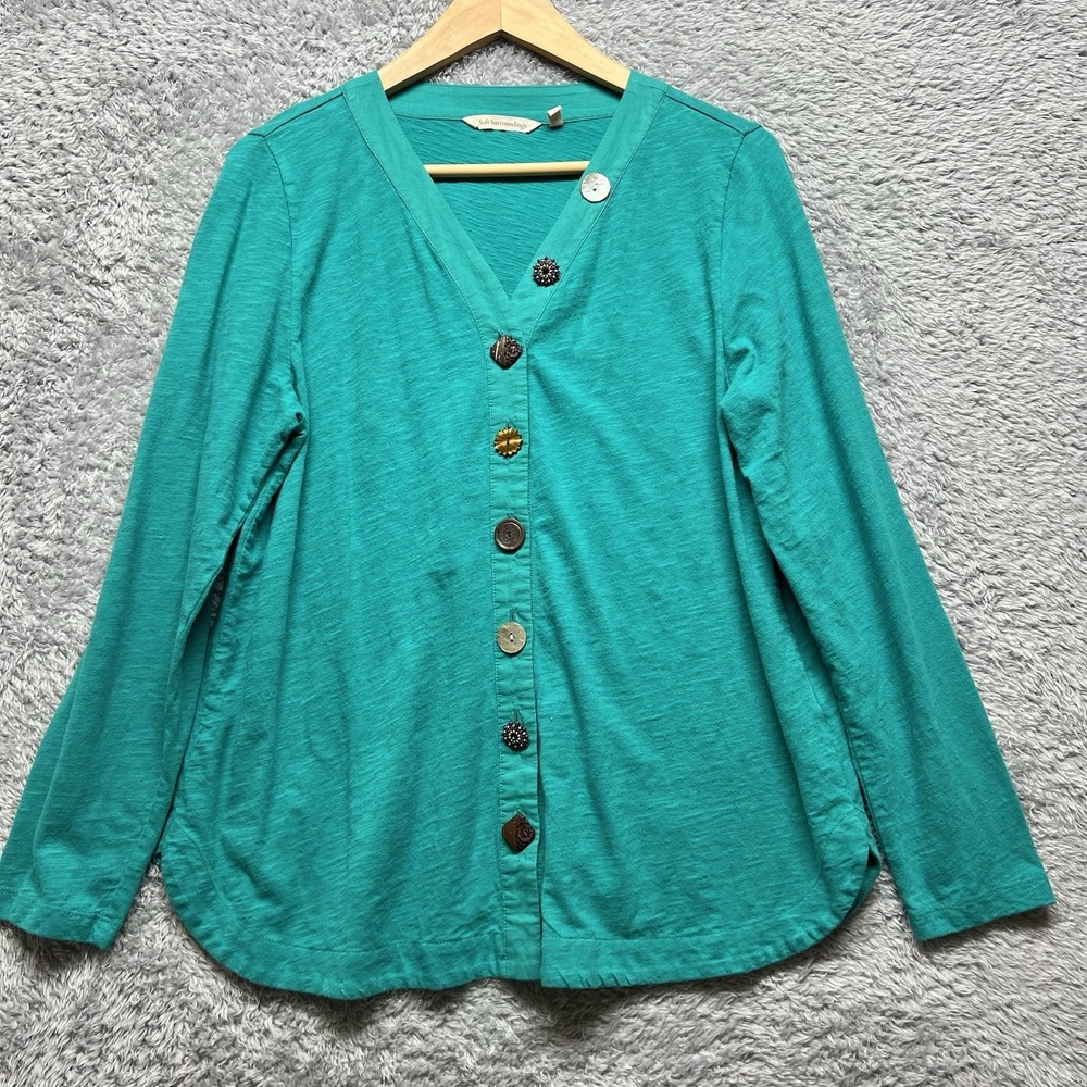 Soft Surrounding Top Womens Medium Teal Delia Jeweled Buttons Long Sleeve Jersey
